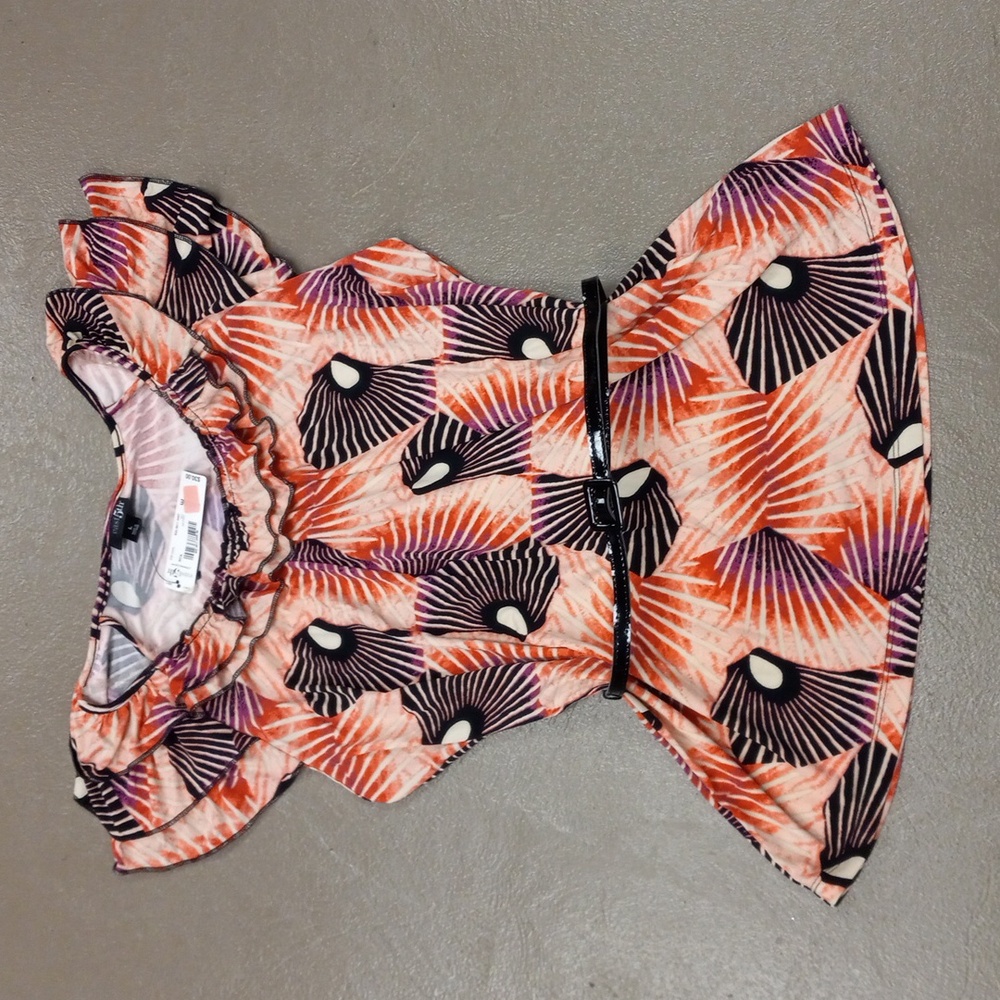 East 5th Multicolored, Ruffle Short Sleeve Blouse With Belt
